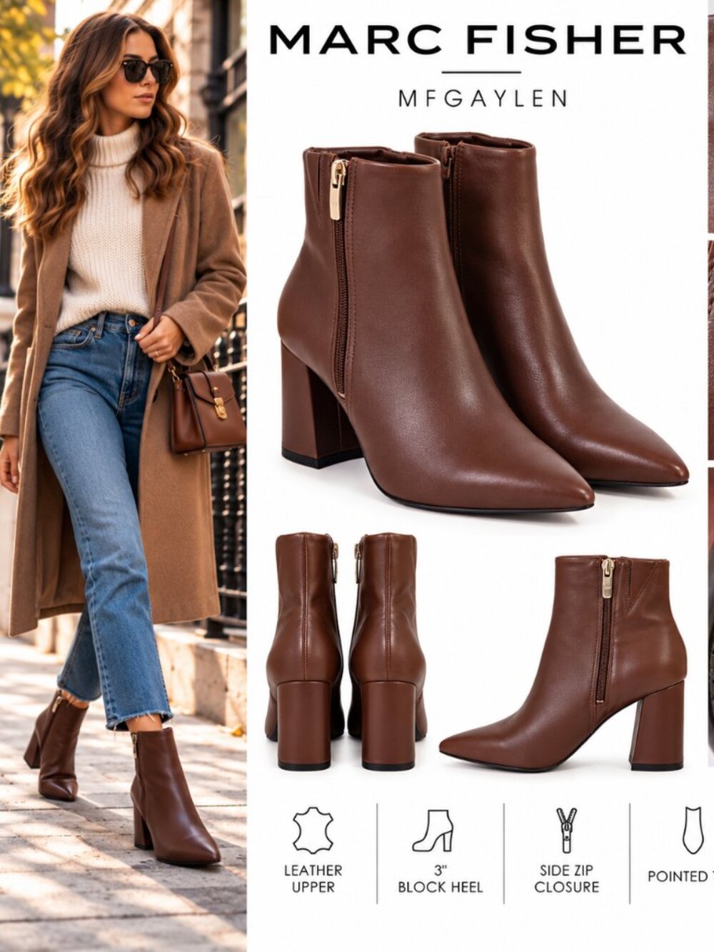 Marc Fisher MFGAYLEN Brown Leather Pointed Toe Block Heel Ankle Boots 6M